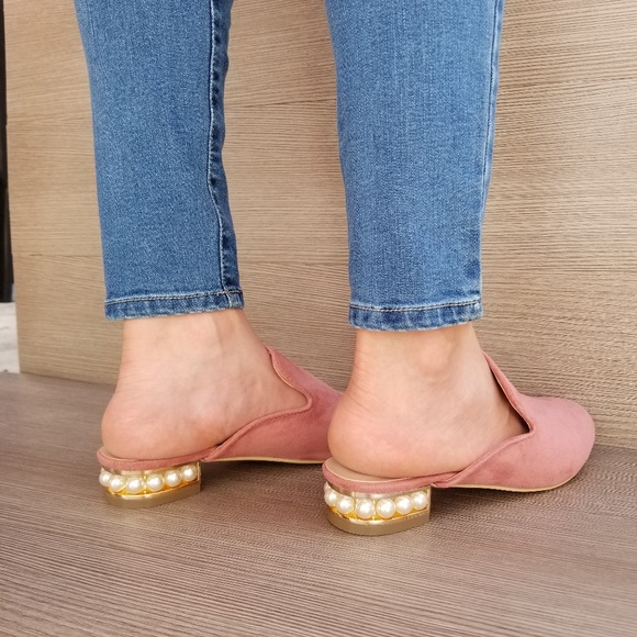 Suede Slip On Loafer Mule Pearl Accents on Heel-A - Picture 4 of 7